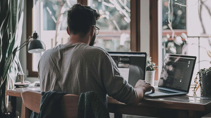 Man Working on Laptop with Dual Screens at Home

