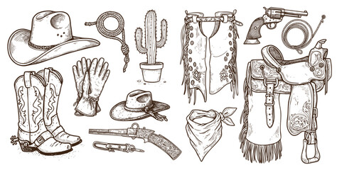 Collection of Cowboy Related Elements Vector Illustration &ndash; Western Icons Including Cowboy Hat, Pistols, Boots, Sheriff Badge, Rope, Horseshoe, and Wild West Symbols for Vintage Western Design, Poster
