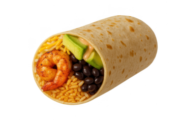 Tasty shrimp burrito with fresh fillings isolated on transparent background