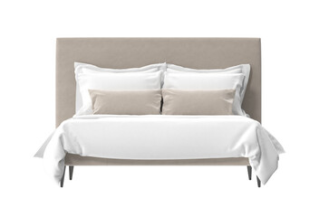 A modern bed with a neutral color palette and stylish design. The bed is made and ready for use, offering comfort and elegance