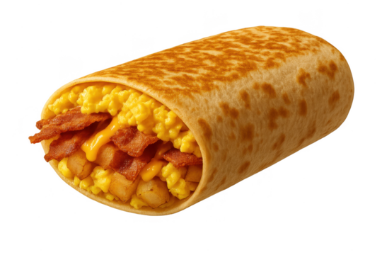 Breakfast burrito with scrambled eggs, crispy bacon, transparent background.