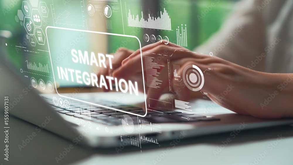 Poster concept of smart integration with modern technology and data analysis on laptop in professional envi