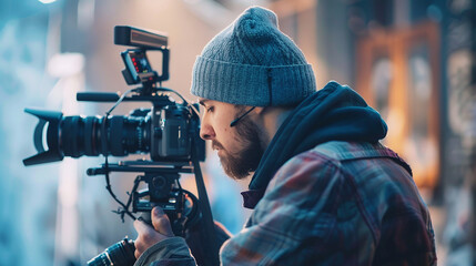 Professional Videographer Filming with DSLR Camera

