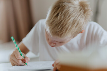 A boy with hearing aids focuses on homework, showcasing natural inclusive education. Authentic...