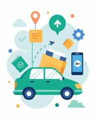 A car sharing service using a digital platform to coordinate rides instead of physical brochures and posters reducing paper waste.. Vector illustration