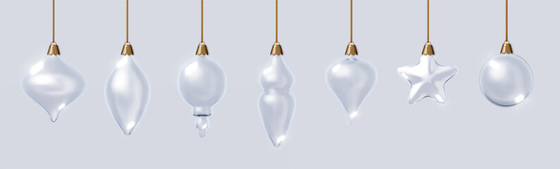 Christmas glass baubles set. Realistic 3D transparent tree ornaments with glossy surface and ribbons. Holiday decoration elements