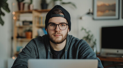 Young Man in Beanie and Glasses Working on Laptop