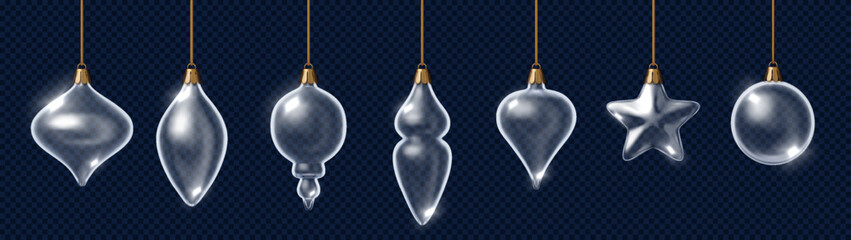 Glass Christmas ornaments set. Transparent holiday baubles with ribbons. Decorative elements for New Year tree.
