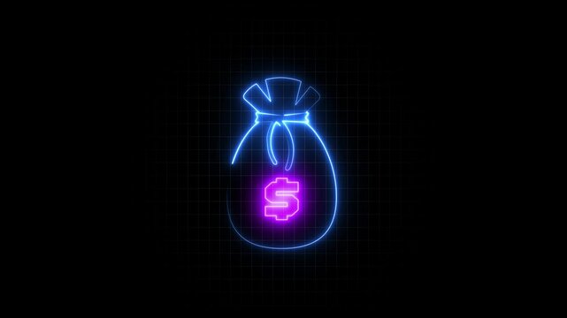 Bright Neon Money Bag and Dollar Icon, Glowing Animation, Black Background, Financial Symbol