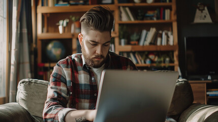 Focused Man Working on Laptop at Home