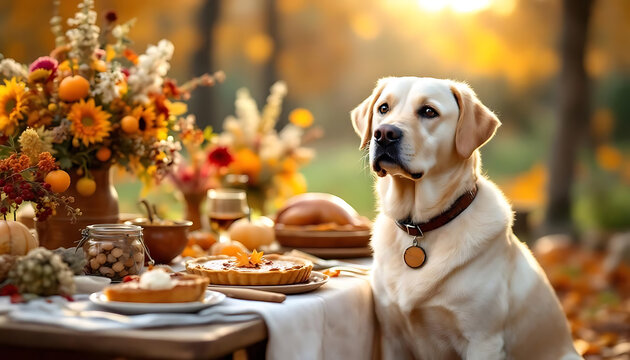 Labrador retriever celebrating thanksgiving with autumn feast and decorations outdoors. - Powered by Adobe