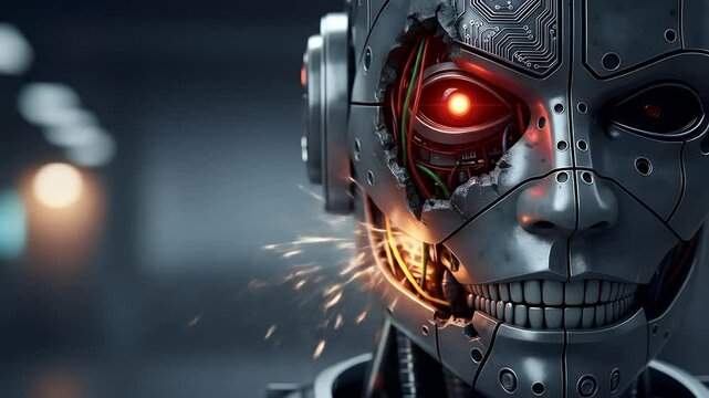 Close-up of scary damaged robot face with glowing red eye and industrial bokeh