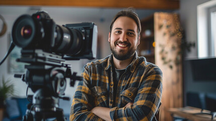 Smiling Videographer with Professional Camera Setup

