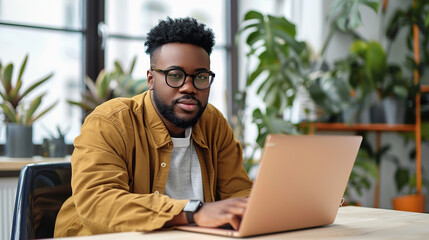 Serious African American Man Working on Laptop

