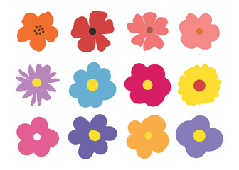 Collection of twelve colorful simple flat design flowers in various shapes and colors.