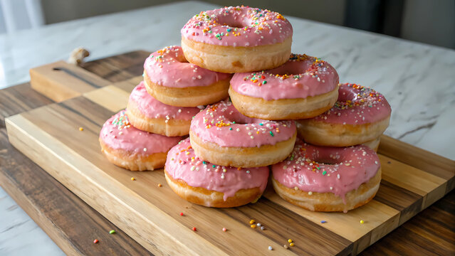 Delicious homemade donuts with pink frosting and sprinkles stacked on a wooden cutting board dessert food