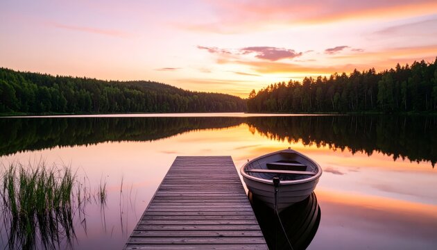 Boat rests by dock at sunset lake