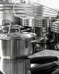 Glistening symphony of chrome pots and whisks, echoing culinary alchemy, St Honore Cake Day gleam,...