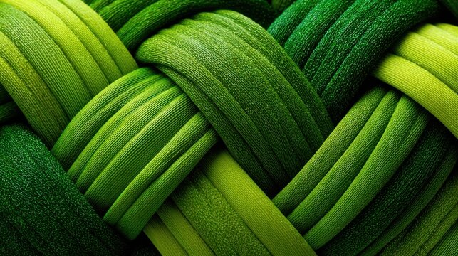 Detailed display of tightly interwoven green fabrics showcases a variety of textures and shades, highlighting craftsmanship and color variations in a close-up format.