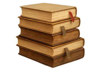 Fototapeta premium Five old books with bookmarks are stacked, showcasing a vintage aesthetic against a transparent background