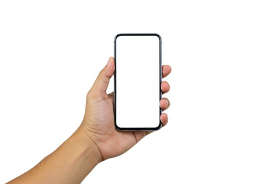 Adult right hand, natural skin, gripping a sleek black smartphone with blank white display and visible notch, entire phone visible, isolated on transparent with copy space, bright studio light, - Powered by Adobe