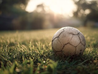 A well-worn soccer ball on green grass field under soft morning light