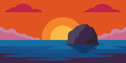Sunset in Ocean Landscape with a Big Rock Cloud