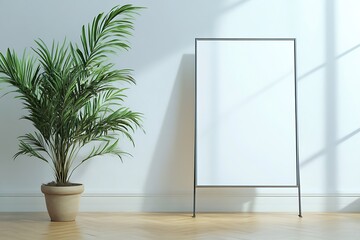 Mockup on Stand with Plant, White Wall, Natural Lighting, Wooden Flooring