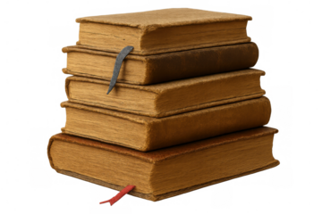 Vintage book stack featuring weathered volumes with inserted bookmarks, revealing reading history against transparent backdrop