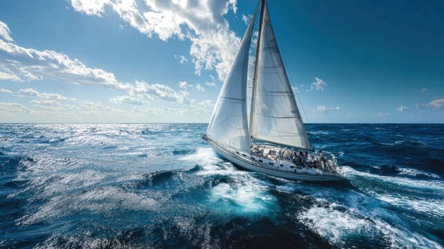 Sailing yacht navigating the deep blue ocean under a cloudy sky