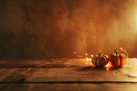 minimalistic design Thanksgiving Board - Wooden Table With Pumpkins And Lights without text,