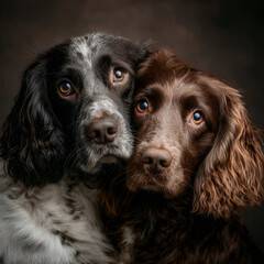 Professional photo of friendship between two spaniels, intricate, the picture is conveyed emotionally, very detailed, bright, super high quality. Artistic photo session in lifestyle style.