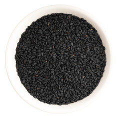 Black sesame seeds in a white boul