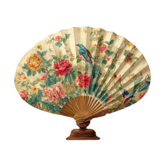 Antique floral bird painted folding fan with ornate wooden stand isolated on transparent background