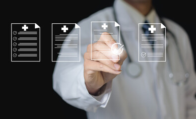 A medical worker fills out a business performance document checklist on a laptop. This digital form includes online surveys, questionnaires, and assessment forms