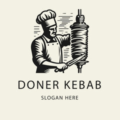 Black and white flat vector logo of a chef slicing meat for doner kebab with a large knife. Bold silhouette design, perfect for restaurant branding, signage, or packaging.