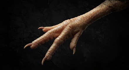 A chicken foot isolated on a dark background. Animal biology and poultry farming concept. Ingredient for cooking.