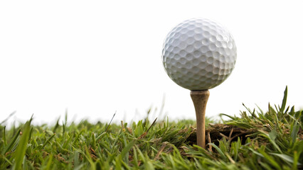 Golf ball on tee close up shot on green grass perfect for golf course and golfing related content images