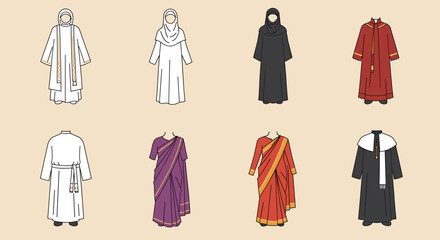 Diverse Religious Garments: Muslim Hijabs, Hindu Saris, and Christian Clerical Robes