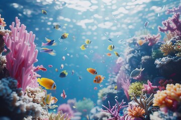 minimalistic design underwater coral reef with colorful fish and turtle. marine life, © Mitin