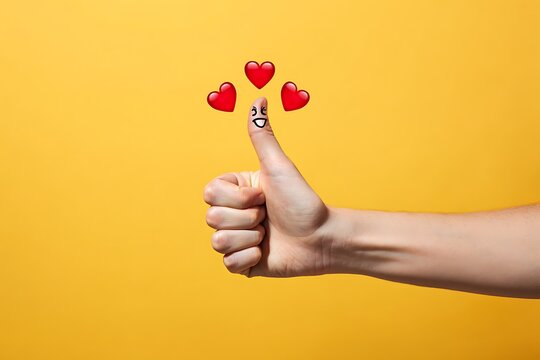 A hand gives a thumbs up with a happy face drawn on the thumb and three red hearts floating above against a bright yellow background symbolizing approval and affection - Powered by Adobe