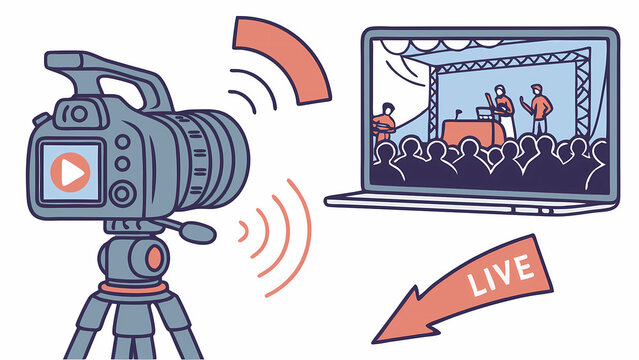 Live streaming event online conference webinar camera laptop broadcast video presentation recording