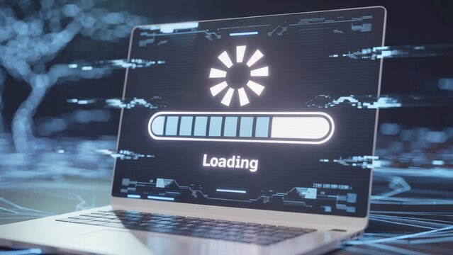 Cyberpunk laptop screen displays animated loading bar and futuristic interface with digital data streams