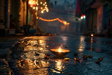 Fototapeta premium minimalistic design Happy Diwali, Lit diya lamp on street at night., the extreme right third of an image