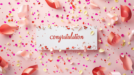 Festive congratulation flat lay with rose petals and confetti on a pink background