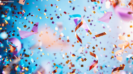 Vibrant party background with falling confetti and blurred balloons