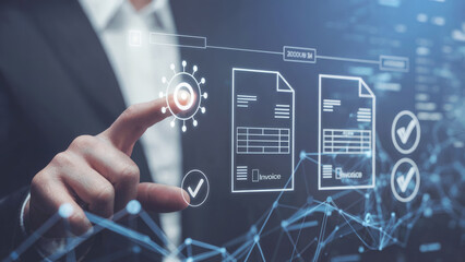 Hand touching digital interface with invoices and checkmarks business finger