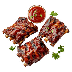 Three delicious barbecue pork ribs with sauce and parsley garnish a tasty meal