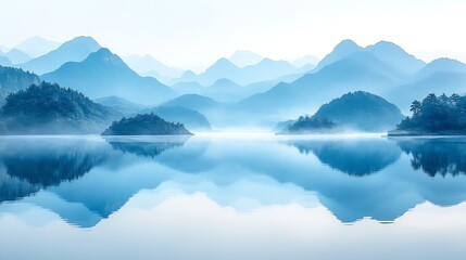 Serene lakes and misty mountains are rendered with subtle color gradients in this artwork.