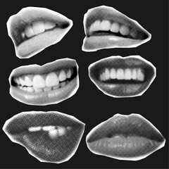 Halftone  open mouth smiling woman lips,mouths , trendy retro collage elements cut out from paper